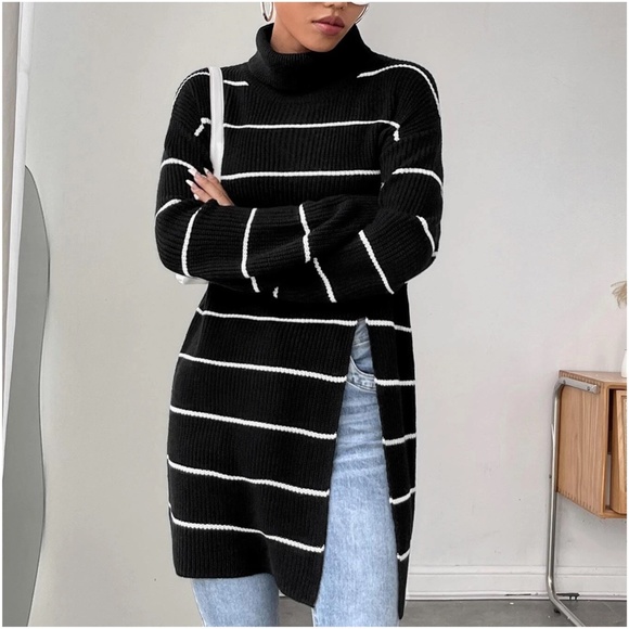 Cozy Stripes Turtleneck Slit Oversized Sweater Top - Picture 3 of 7